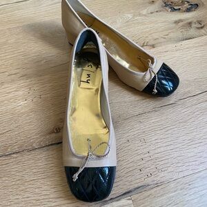 French Sole Tan and Black Ballet Flats with Patent Toe